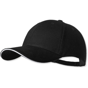 A black cap with a contrasting white trim and an adjustable strap at the back. Features a logo on the front.