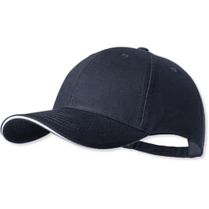 A dark navy cap with a curved peak and white detailing, featuring a logo on the side.