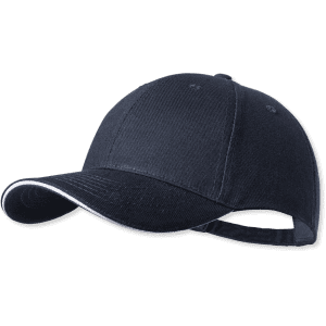 A navy cap with a contrasting white trim, featuring a curved brim and a back adjustment strap.