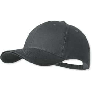 A black cap with a curved brim and an adjustable back strap, featuring a logo.