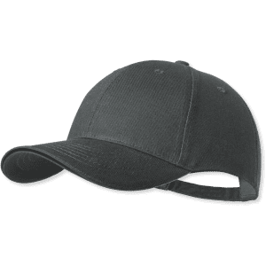 A black cap featuring a curved brim and a rear adjustment strap, with a small logo on the side.