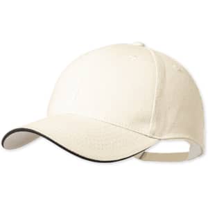 A white cap with a black trim and an adjustable strap at the back, featuring a logo.