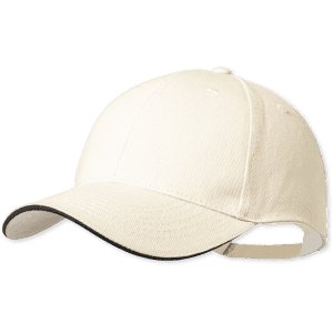 A cap in cream with a black trim and an adjustable back strap. It features a logo on the front.