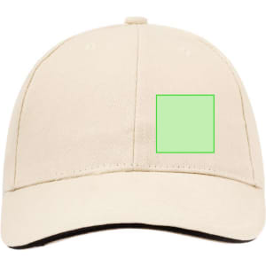 A beige cap featuring a blank area for customisation and a logo on the front.