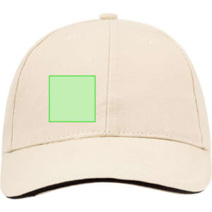 A beige cap with a blank green square on the front and a black underside of the peak.