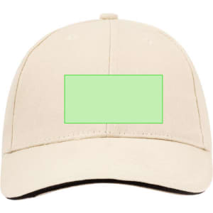 A beige cap featuring a blank green area on the front and a black underbrim. It has a logo on the side.