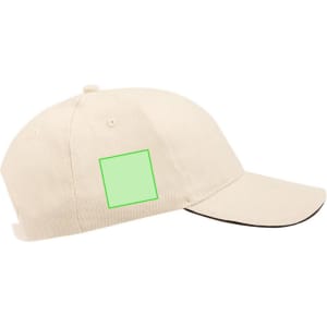 A beige cap with a black peak and an area for branding on the side.