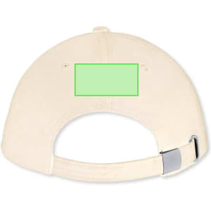 A beige cap featuring an adjustable strap and a blank area on the back for customisation.