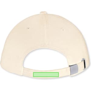 A cream-coloured cap with a rear strap and an adjustable metal buckle, featuring a logo on the back.
