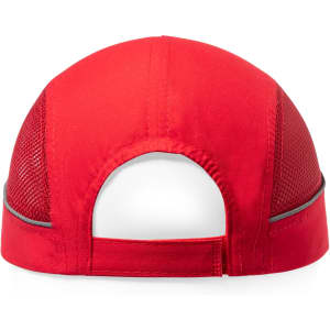 A red cap with a mesh back and an adjustable strap. Features a logo on the side.