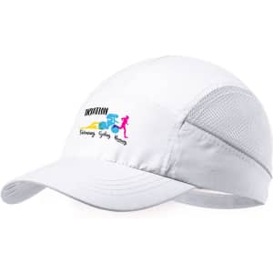A white cap with a breathable mesh design and a logo, featuring colours associated with triathlon activities.