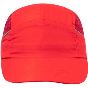 A cap in vibrant red with mesh panels and a structured design. It features a logo on the front.