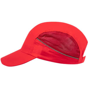 A red cap featuring a mesh panel, designed for ventilation, with a curved brim and a logo.