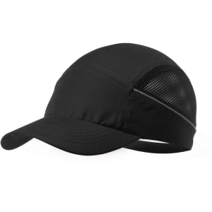 A black cap with a mesh side panel and an adjustable strap at the back. It features a logo on the front.