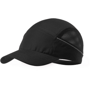 A black cap with a mesh panel, featuring a curved brim and an adjustable strap at the back.