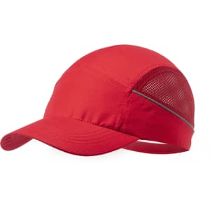 A red cap with a mesh side panel and an adjustable back strap, featuring a logo.