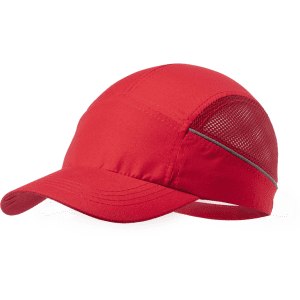 A red cap with a mesh panel, featuring a curved brim and an adjustable strap at the back.