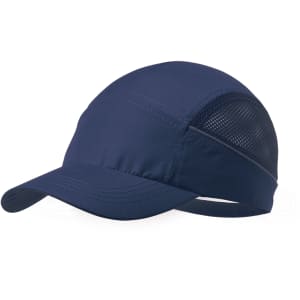 A navy cap featuring a mesh panel and adjustable strap, designed for comfortable wear.