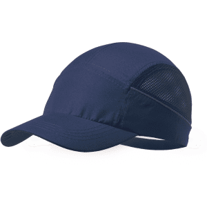 A navy cap with a mesh panel and a curved brim, featuring a logo on the side.