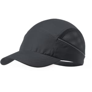 A black cap featuring a mesh side panel and an adjustable strap at the back. It has a logo on the front.
