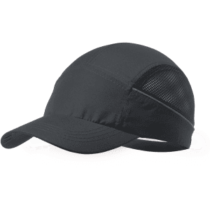 A black cap with a mesh panel and brim, featuring a logo. Suitable for headwear or outdoor activities.