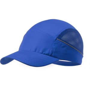 A blue cap featuring a mesh panel, designed for headwear with a sleek, sporty look.