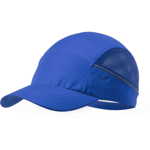 A blue cap with a mesh panel and a curved brim. It features a logo on the side.