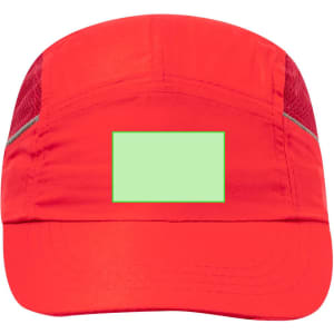 A red cap with mesh sides and a blank patch for branding or personalisation.