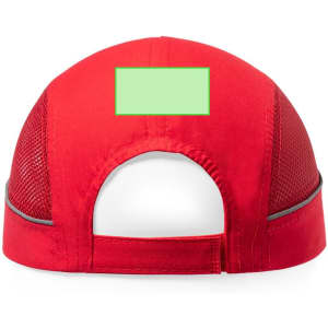 A red cap featuring mesh side panels and an adjustable back strap. It has a blank area for branding.