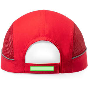 A red cap with a mesh back and an adjustable strap, featuring a blank space for a label.