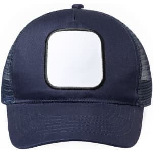 A navy trucker cap featuring a blank front panel and mesh side panels, designed for customisation.