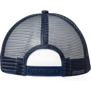 A dark blue trucker cap with a mesh back and adjustable strap, featuring a logo on the rear.