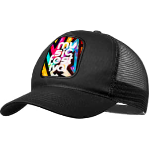 A black trucker cap with a vibrant, multicoloured logo in the front and mesh panels at the back.
