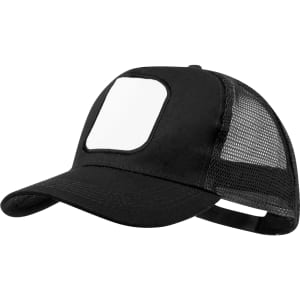A black trucker cap featuring a mesh back and a blank white panel for customization.