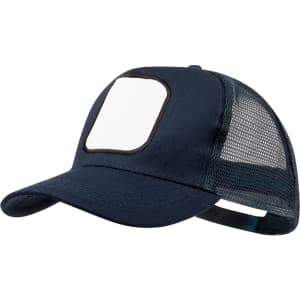 A navy trucker cap with a mesh back and a blank front panel for customisation. It features a logo.