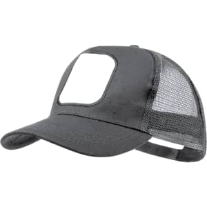 A dark grey trucker cap with a mesh back and an empty space for branding or design.