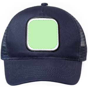 A navy blue trucker cap featuring a blank square area for customization. The cap has a mesh back and a logo.