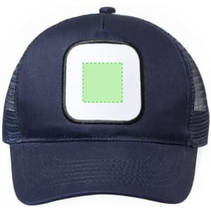A navy trucker cap with a mesh back and a square patch on the front for custom branding.