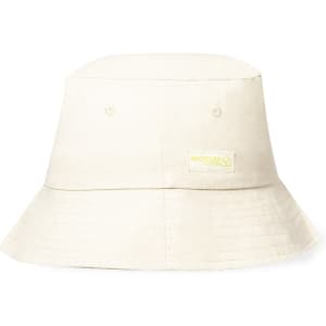 A cream-coloured bucket hat featuring a logo, made from recycled materials.