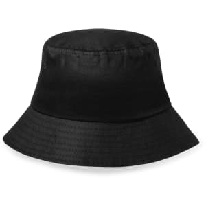 A black bucket hat with a wide brim and subtle texture, featuring a logo on the side.