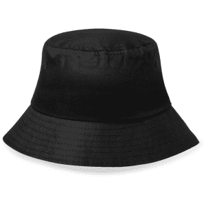 A black bucket hat featuring a wide brim and a smooth finish, with a logo on one side.
