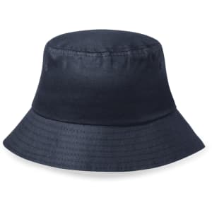 A navy bucket hat with a wide brim, featuring ventilation holes and a simple design.