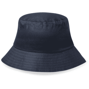 A navy blue bucket hat featuring a rounded top and a wide brim. The hat has ventilation holes and a logo.