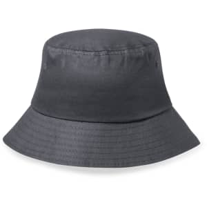 A grey bucket hat with a wide brim and subtle texture, featuring a logo on the side.