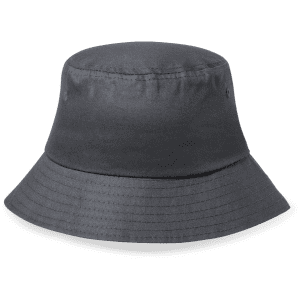 A grey bucket hat with a wide brim and subtle texture, featuring ventilation eyelets and a logo.