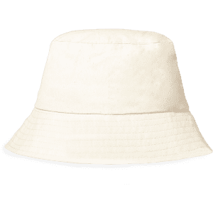 A cream bucket hat with a wide brim, featuring a subtly textured surface and a flexible design.