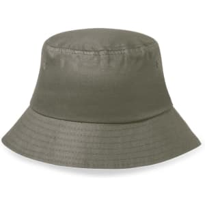A green bucket hat with a wide brim and a smooth finish. The hat features small ventilation holes and has a logo.