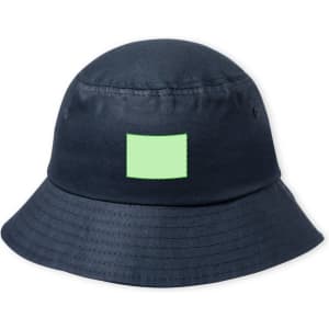 A navy blue bucket hat featuring a square patch on the front. The hat has a wide brim and a minimalist design.