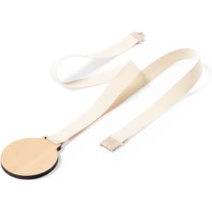 A wooden medal with a light-coloured ribbon for hanging. The medal has a smooth, natural finish.
