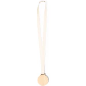 A wooden medal with a large circular centre and a cream-coloured ribbon for hanging.